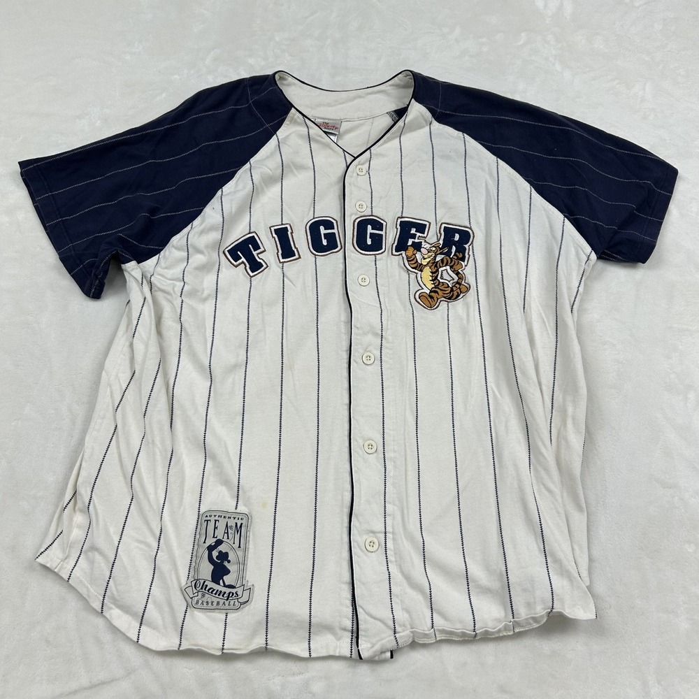 Disney Tigger Baseball Jersey Mens XL White Navy Pinstripe Raglan Vintage 0583
